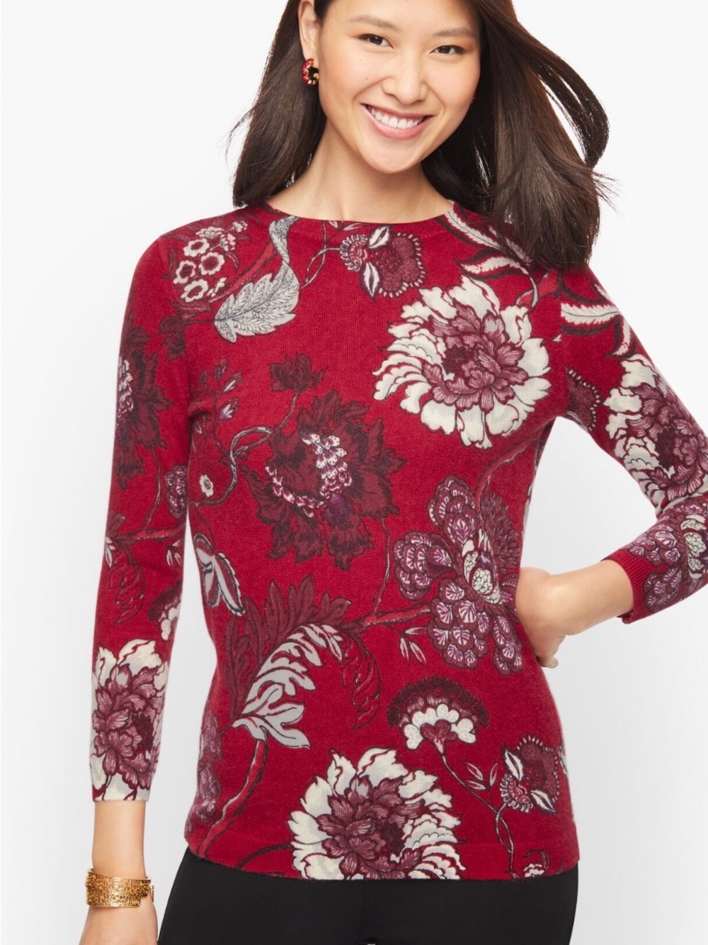 Talbots Audrey Cashmere Sweater M Graphic Floral Red Jacobean Old Money Holiday